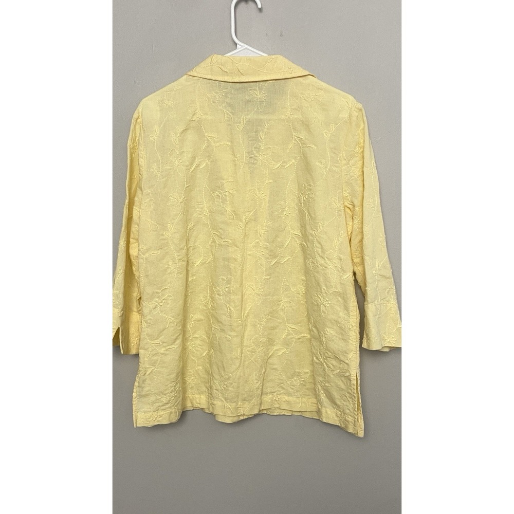 Womans Button Up Shirt Sz Large Linen Blend 3/4 sleeve Embroidered Butter Yellow - Picture 3 of 7